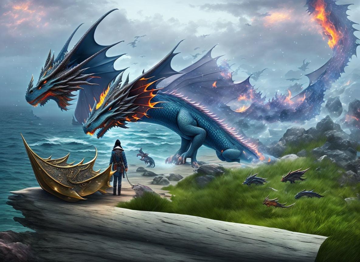 Knight vs. Blue Dragon Battle Scene with Golden Shield and Flying Dragons