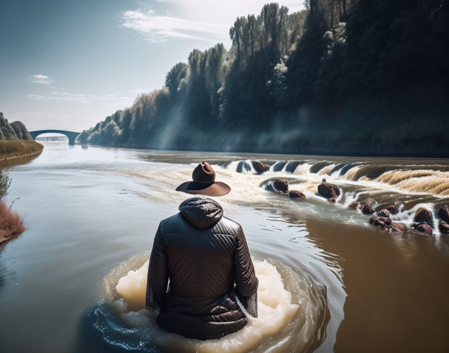 Person in hat and jacket by tranquil river with waterfall and bridge