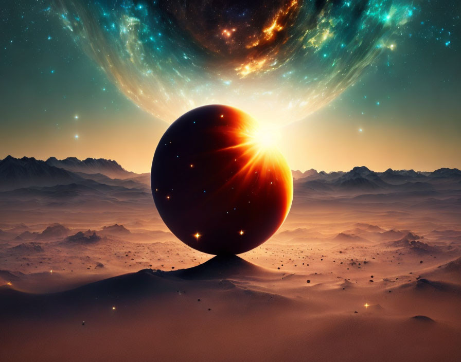 Surreal landscape with large mysterious sphere eclipsing sun