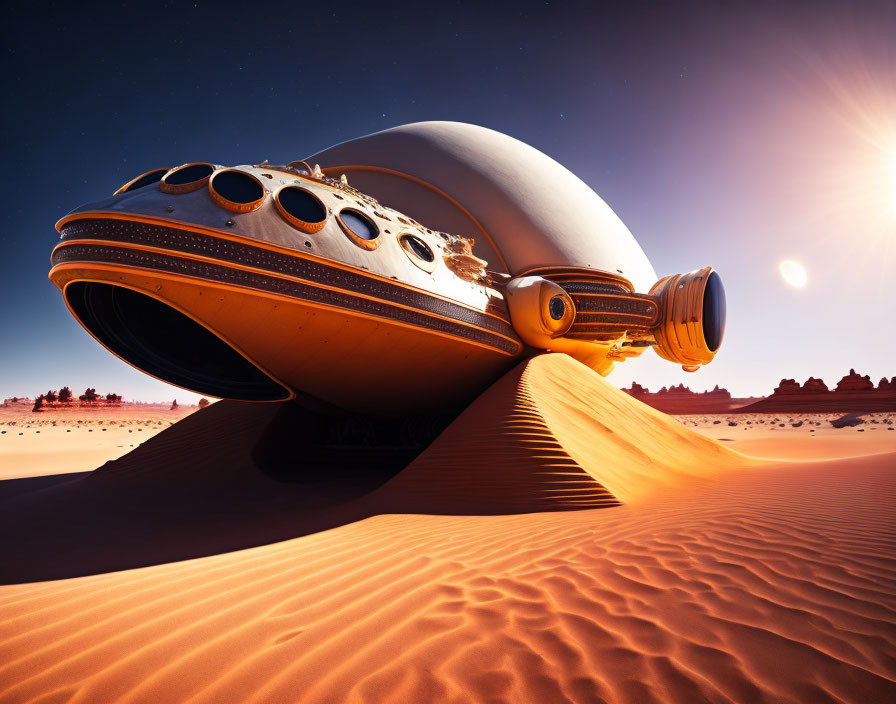 Futuristic spacecraft on desert dune at sunset with multiple moons visible