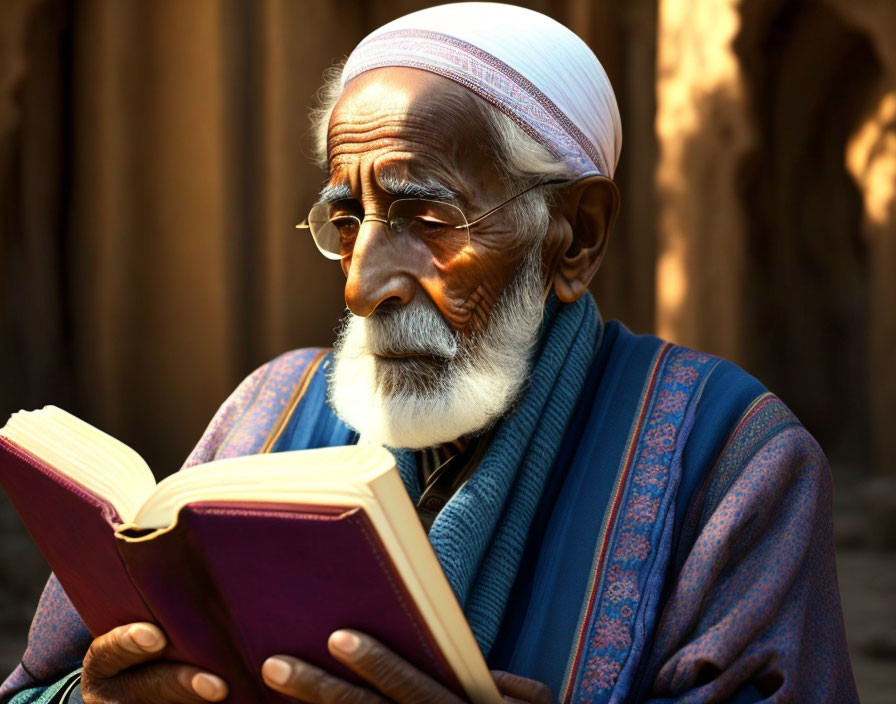 Elderly man with white beard and glasses reading book in cap and shawl