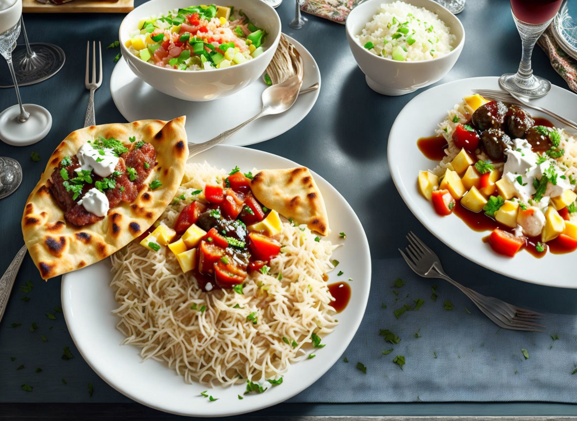 Colorful dinner spread with rice, kebabs, salad, naan, and red wine on