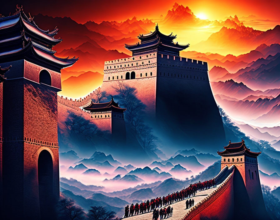 Great Wall of China Sunset Scene with Silhouetted Figures and Mountains