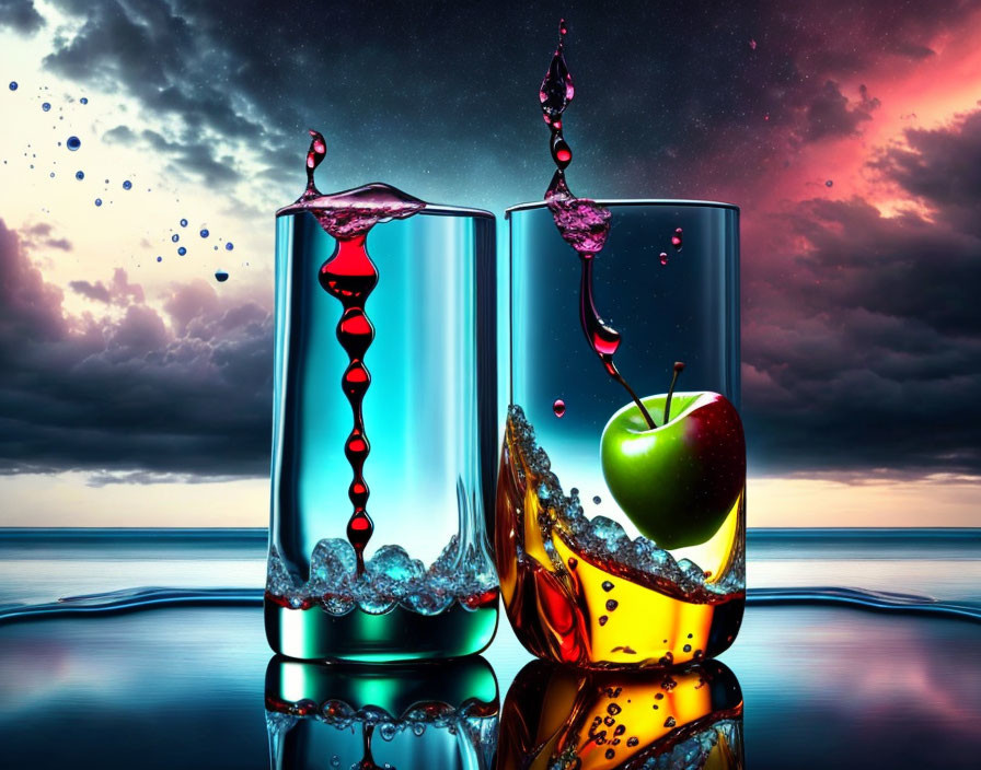 Colorful liquid splashes in glasses on reflective surface against twilight sky.