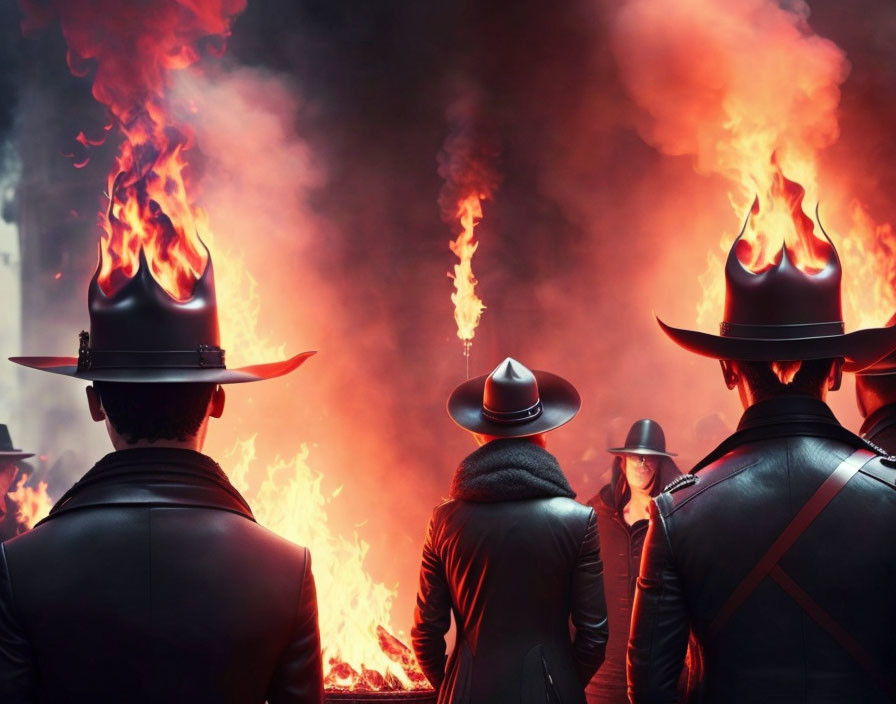 Three people in cowboy hats and jackets standing in front of large flames with fire streaks.