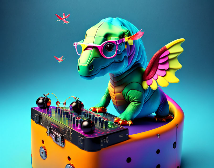 Colorful 3D illustration of a winged dinosaur DJ with sunglasses on mixer, teal backdrop.