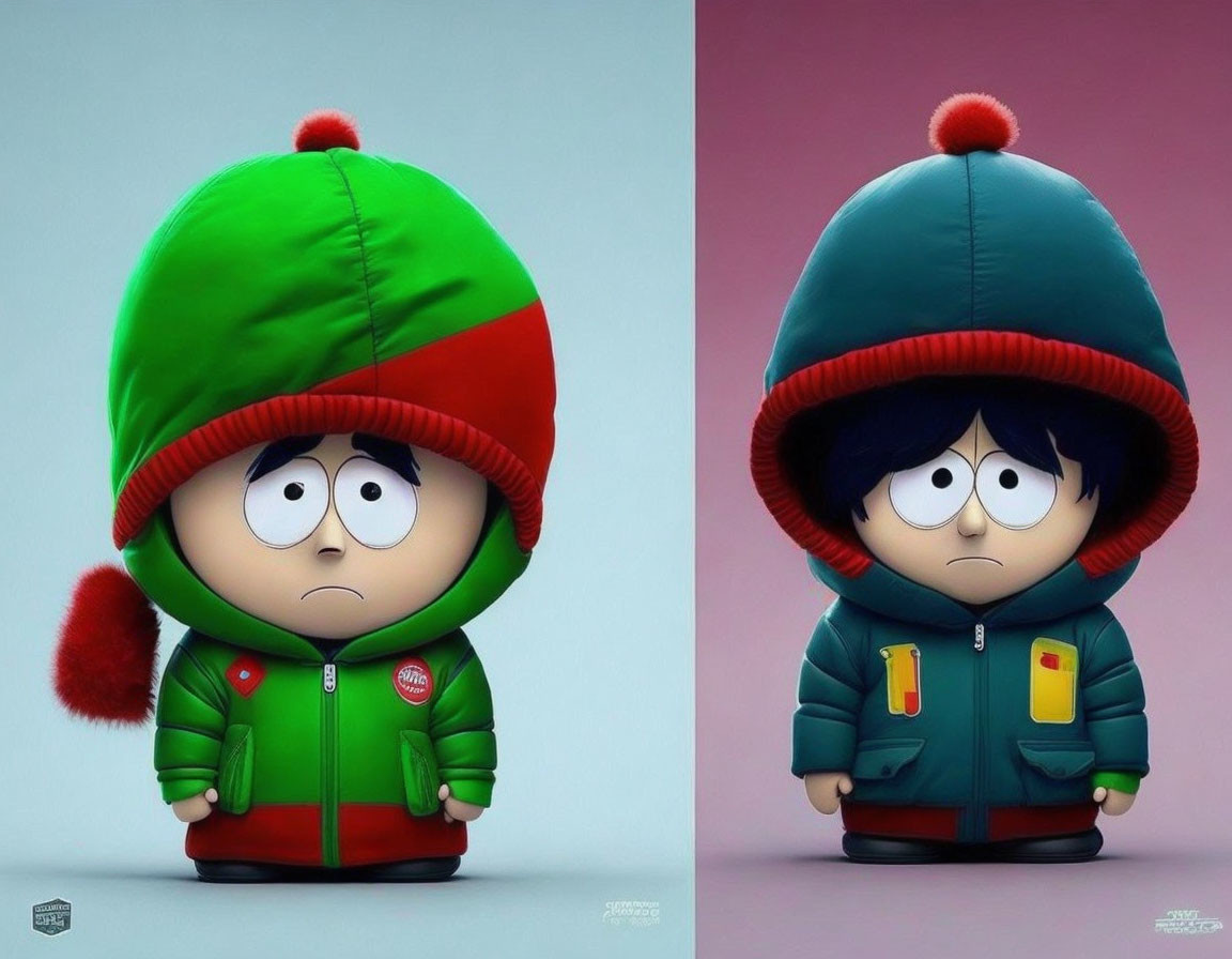 Two animated characters in oversized hooded jackets, one green and red, the other blue and yellow,