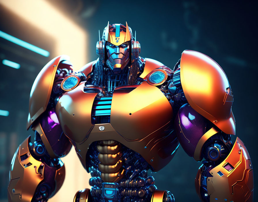 Detailed image: Futuristic orange and metallic robot with intricate armor and humanoid face conveying determination.