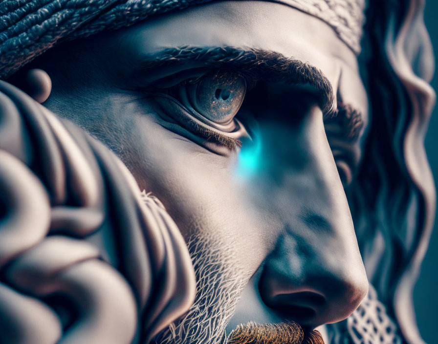 Detailed artistic representation of a man's face with textured skin and glowing blue eye