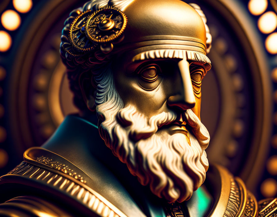 Regal bearded figure in ornate armor profile against circular patterned backdrop