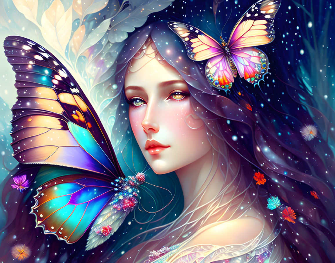 Colorful woman portrait with butterfly wings in mystical setting