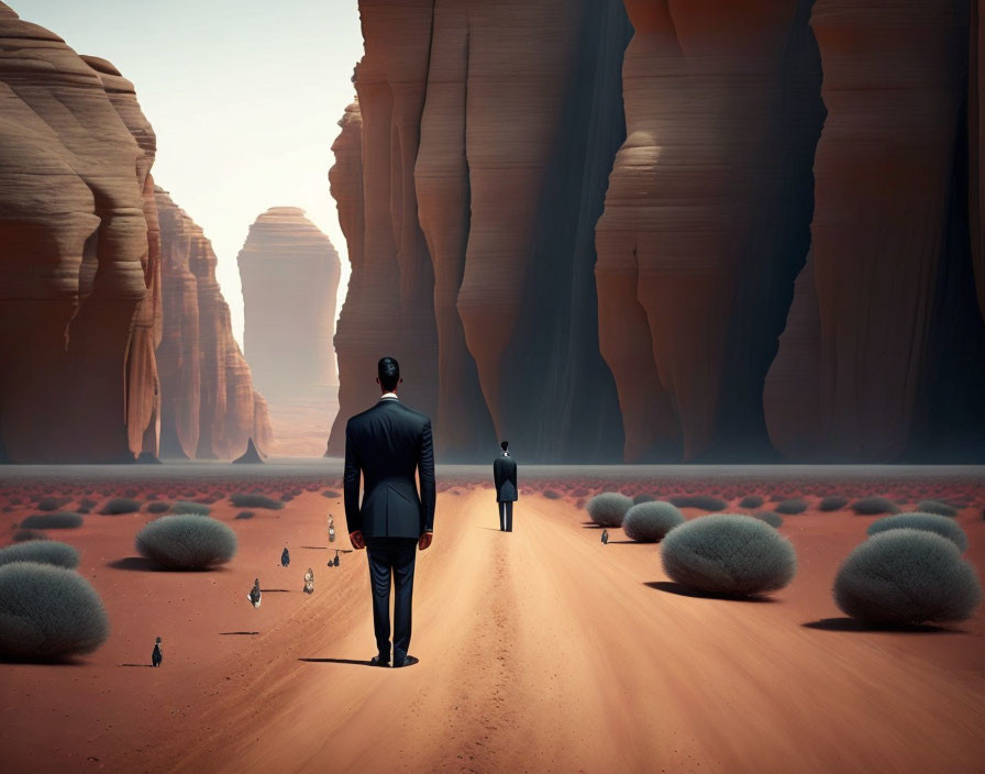 Man in suit in surreal desert landscape with towering rocks and smaller figure on sandy path.