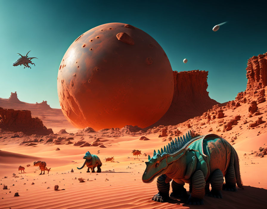 Fantastical desert landscape with Mars-like terrain and alien creatures