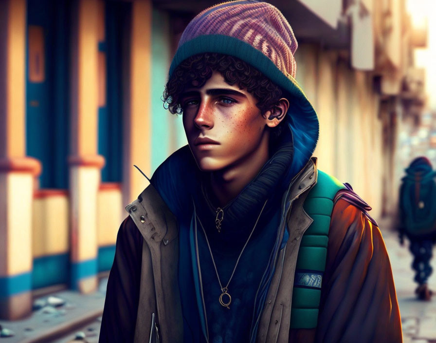 Colorful Illustration of Young Person with Curly Hair in Street Setting