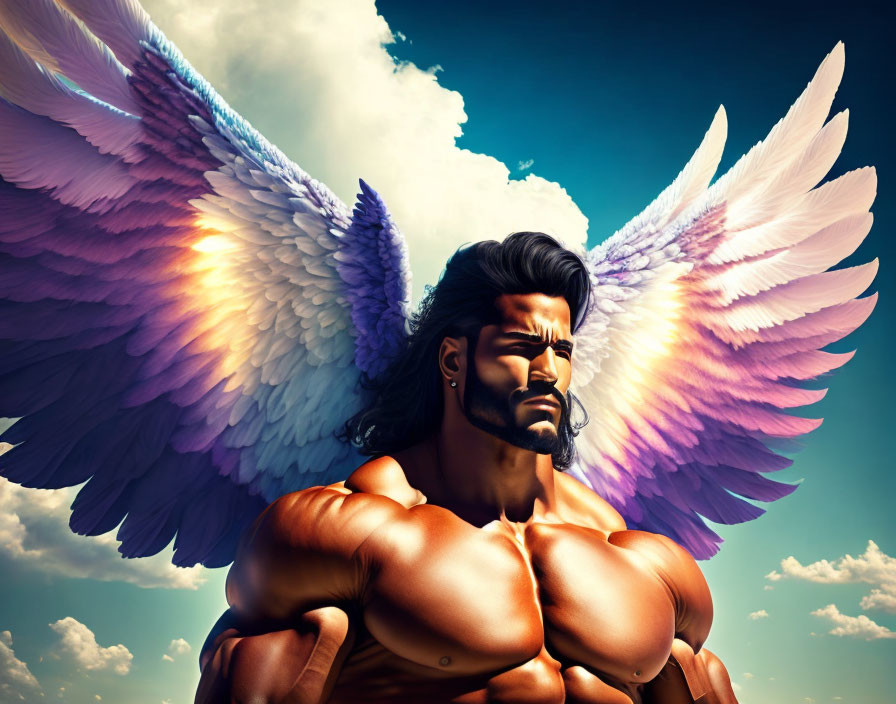 Muscular man with colorful angel wings in sky scene