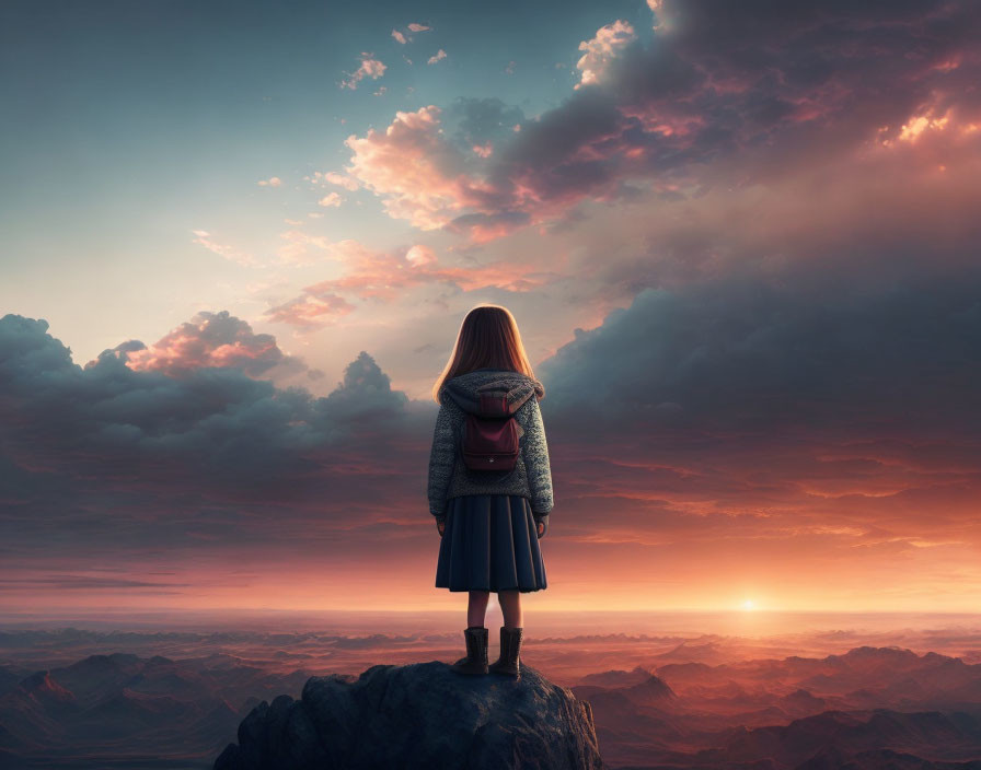 Person on Rock Overlooking Mountain Landscape at Sunset