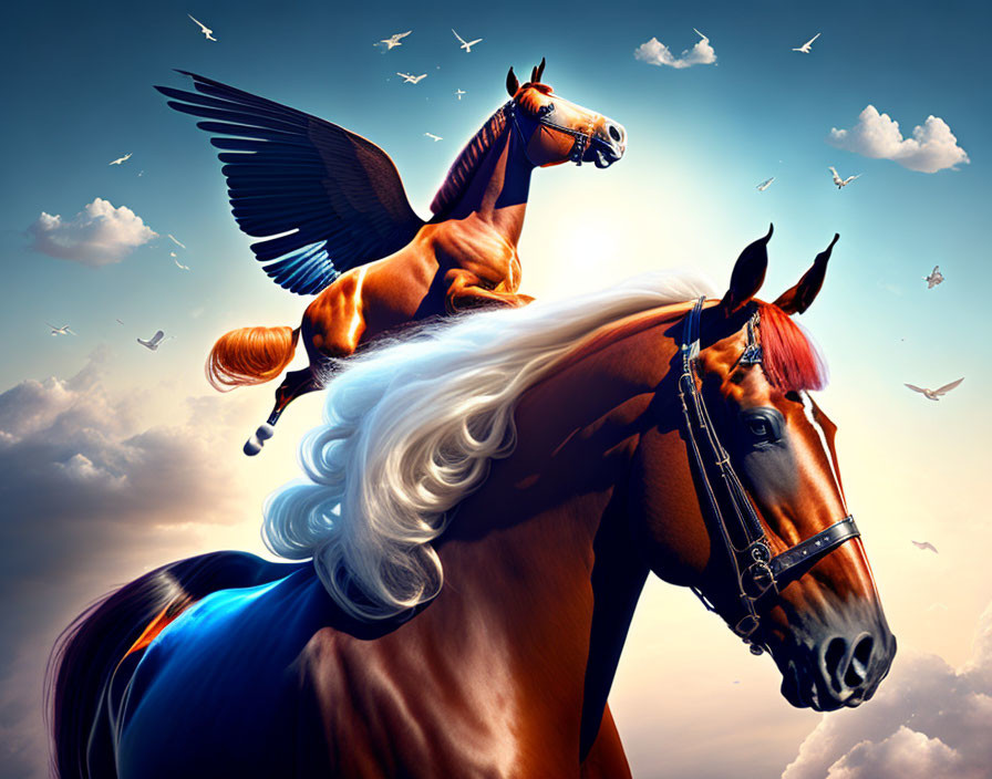 Digital artwork: Winged horse with human head body flying in sky with birds