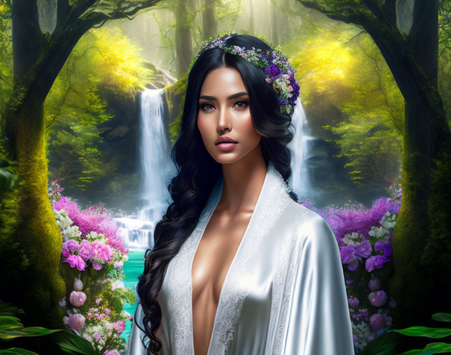 Digital art portrait of woman with dark hair, floral crown, white robe, in forest with waterfall