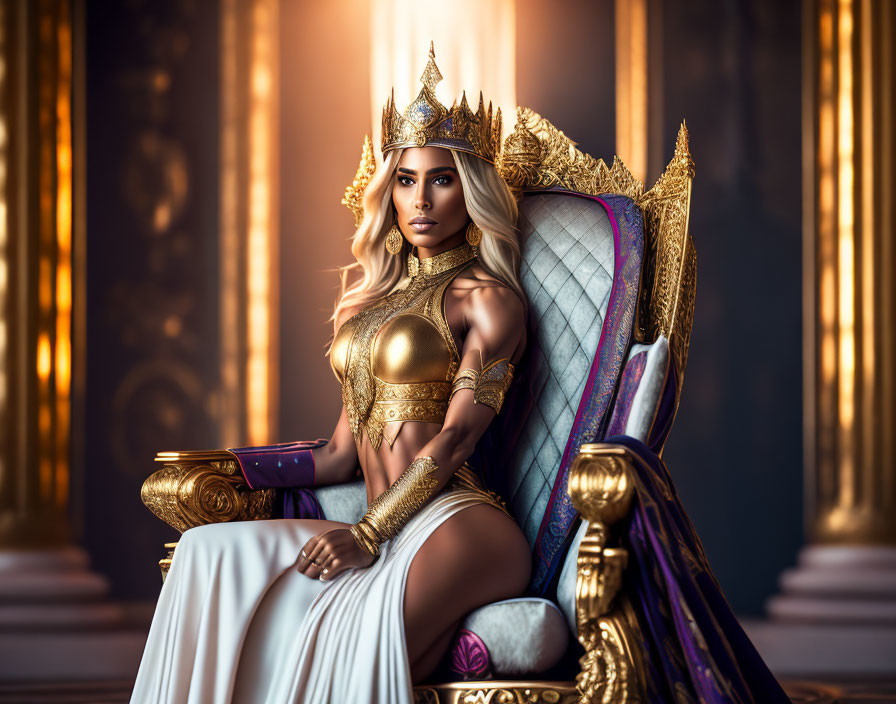 Regal woman in golden armor and crown on luxurious throne