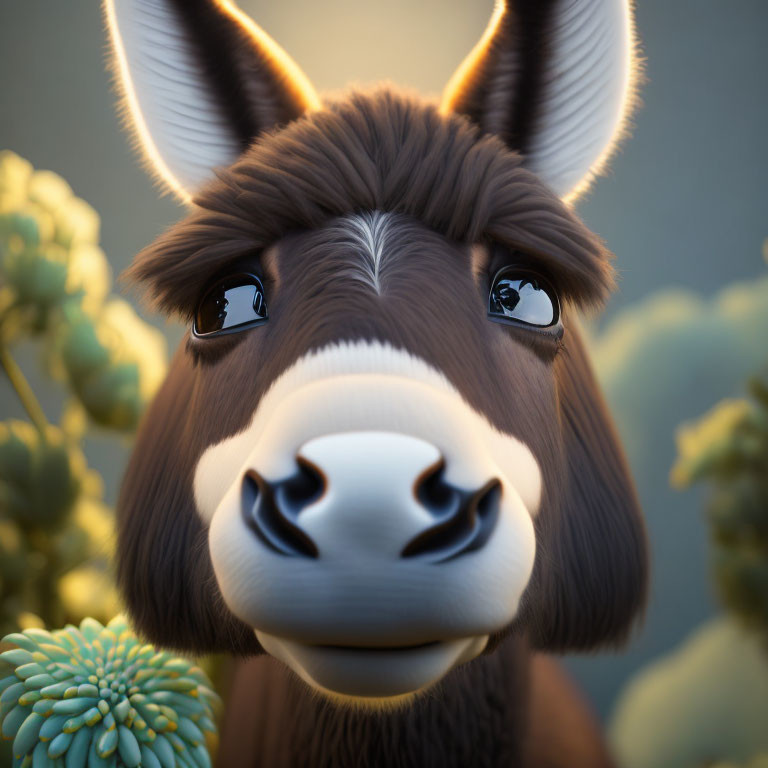 Cartoon donkey with large expressive eyes in greenery.