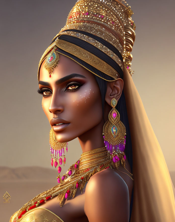 Digital Artwork: Woman with Golden Jewelry, Headpiece, and Detailed Makeup