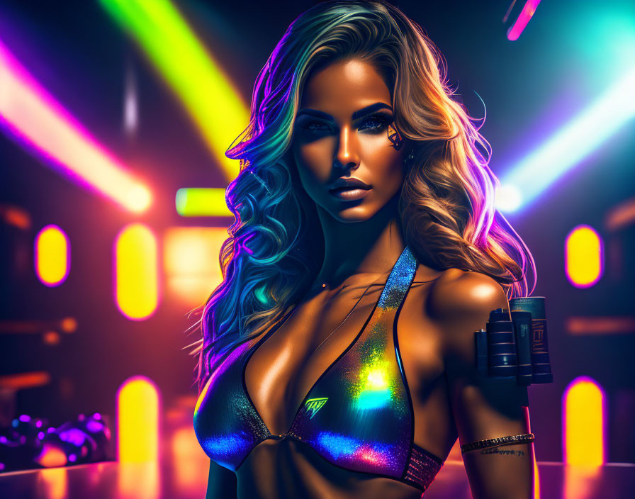 Stylized woman with wavy hair in futuristic attire on neon-lit backdrop