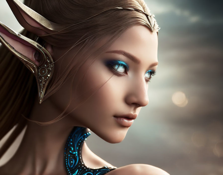 Female elf with blue eyes, golden headgear, and jeweled necklace on soft-focus background.