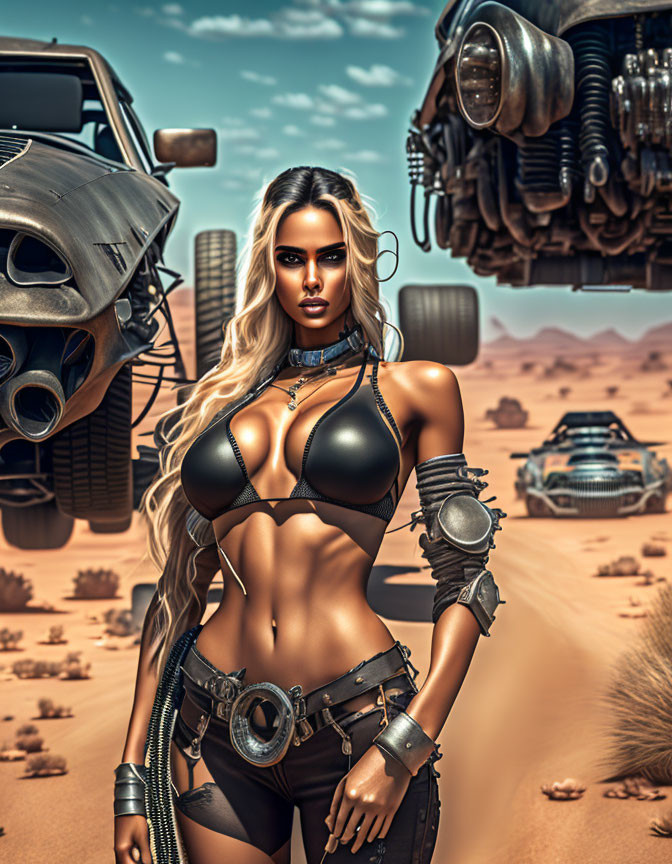 Stylized fierce woman in post-apocalyptic desert with levitating vehicles.