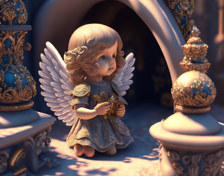 Golden Angel Figurine with Detailed Wings in Ornate Fantasy Setting