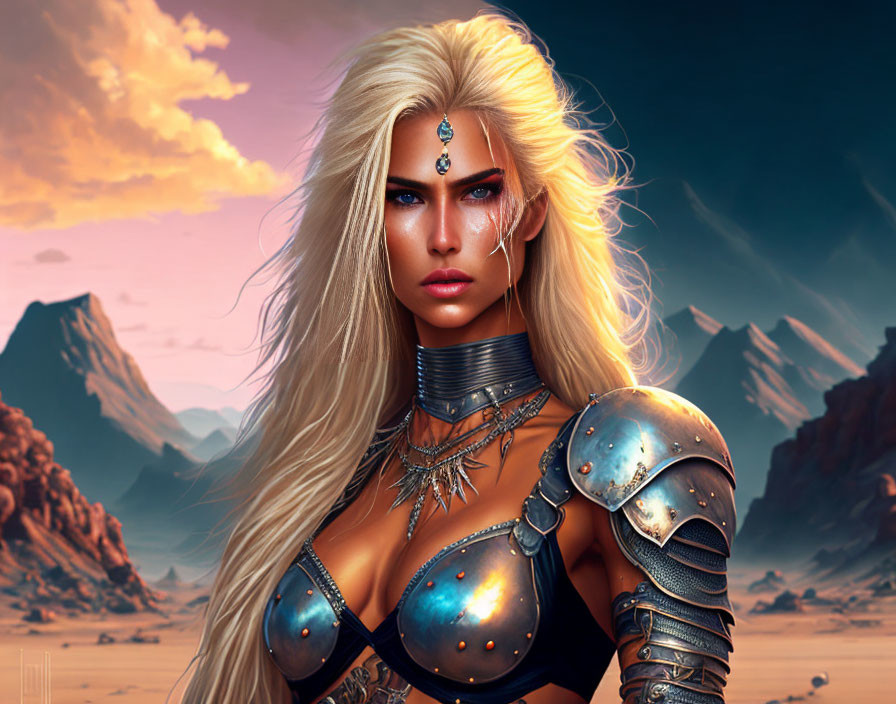 Blonde Female Warrior in Armor Against Desert Mountains