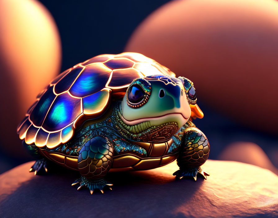 Colorful Turtle Digital Art: Glossy Patterned Shell on Rock