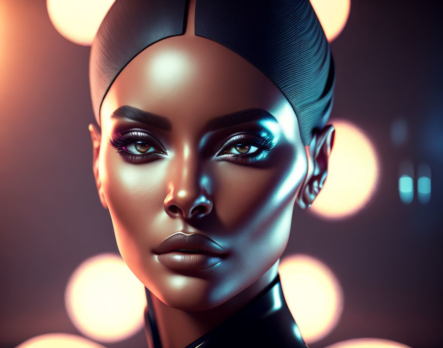 Digital artwork: Woman with sleek hairstyle, glowing skin, vibrant makeup, warm blurred lights