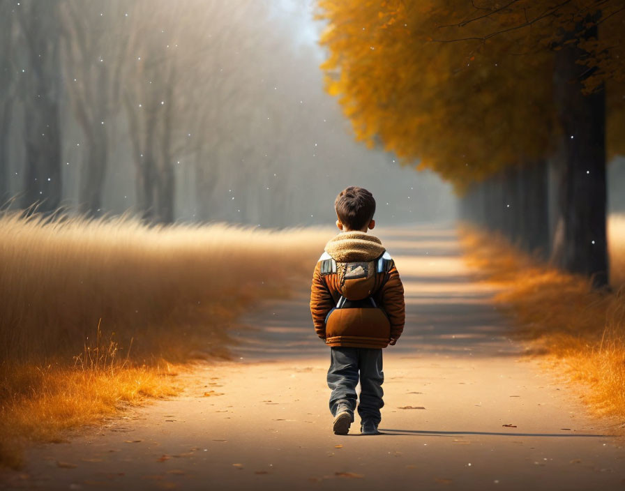 Child Walking on Sunlit Path with Golden Leaves and Field