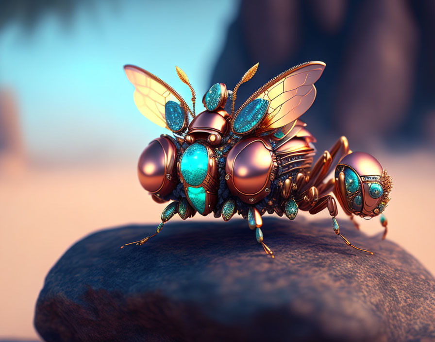 Metallic Bee with Turquoise and Copper Colors on Rock in Desert Background