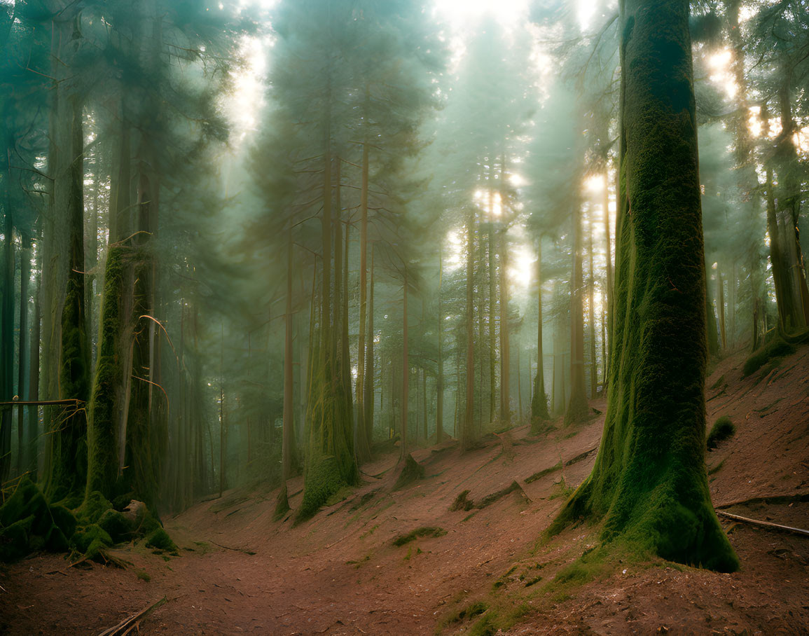 Mystical forest scene with towering trees and sunlight piercing through mist