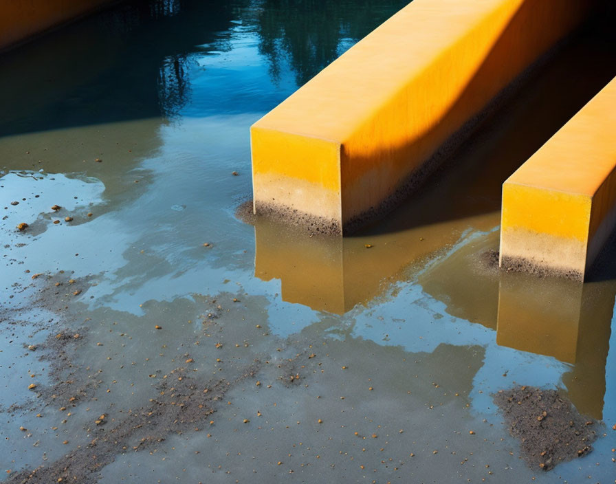 Sunlight reflects on water with yellow beams and shadows for contrast.