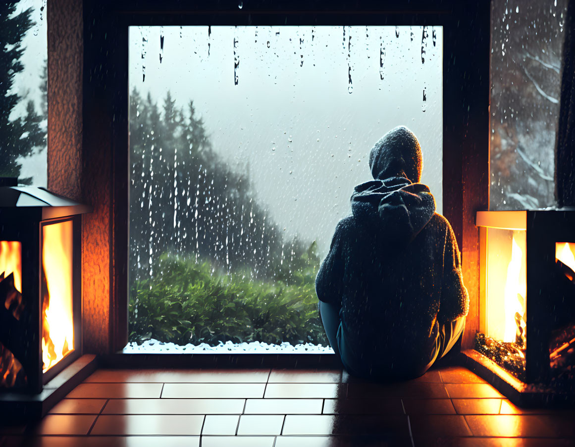 Person in hoodie gazes out rainy window with misty landscape view and cozy fireplace lanterns