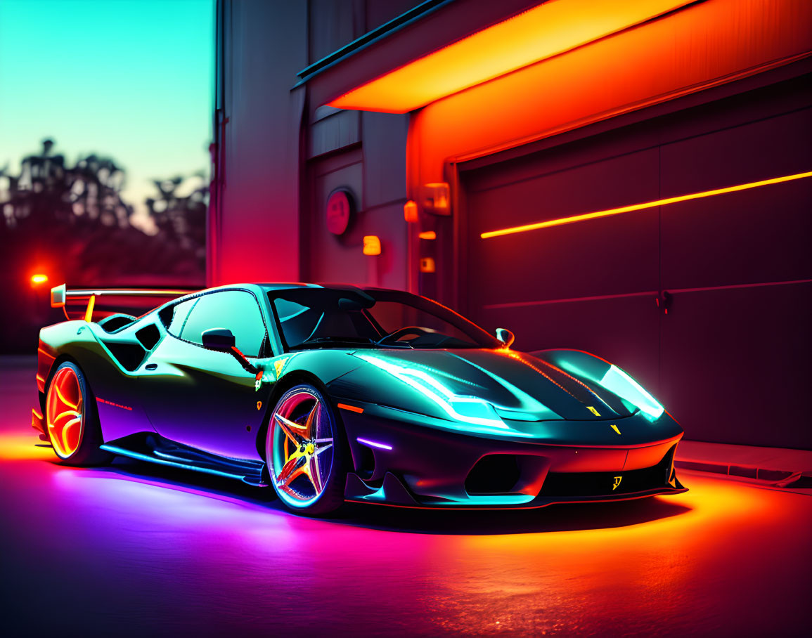 Metallic Blue Sports Car with Neon Lighting Accents at Dusk