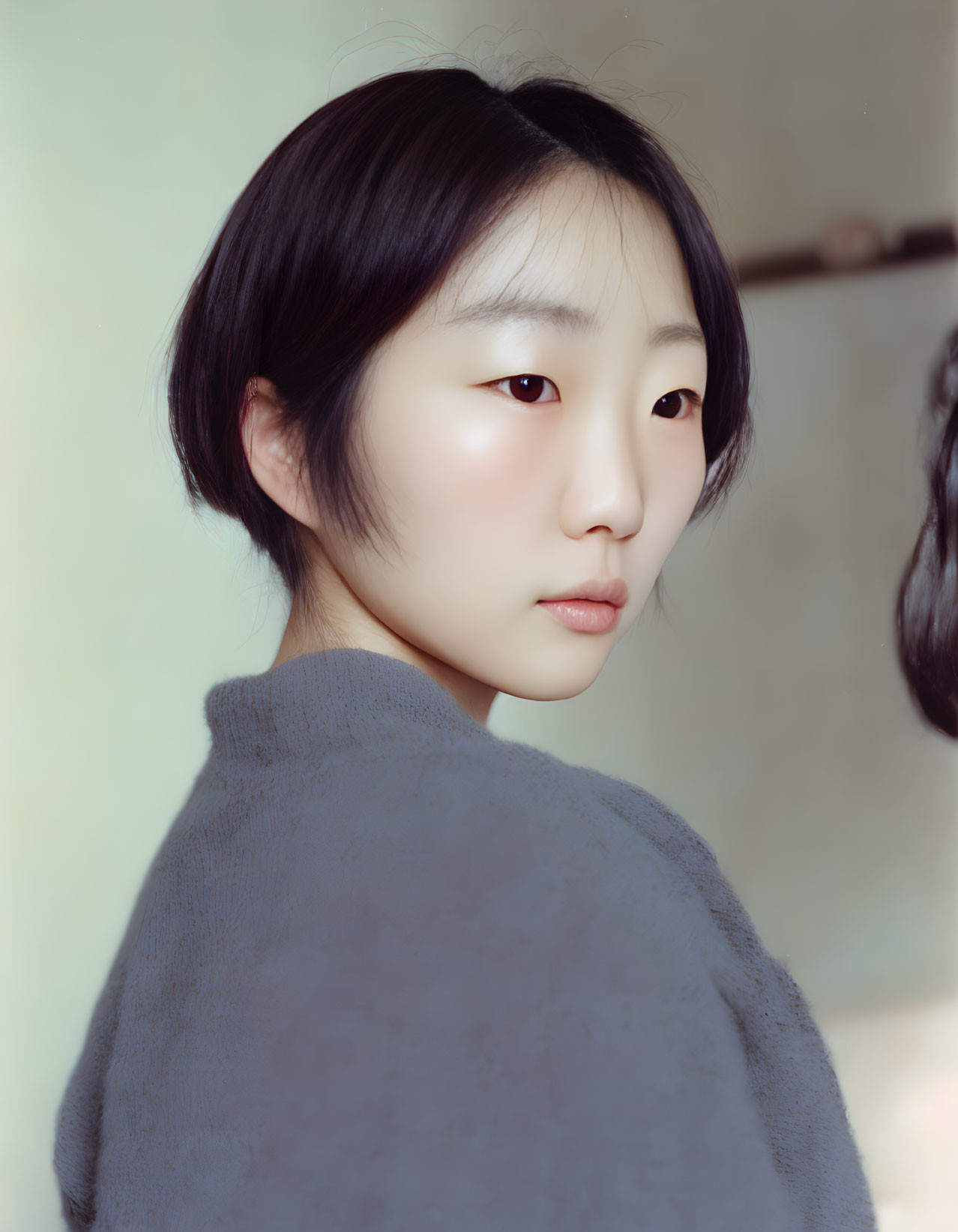 Young Asian woman with bobbed black hair in gray top glances over shoulder on neutral background