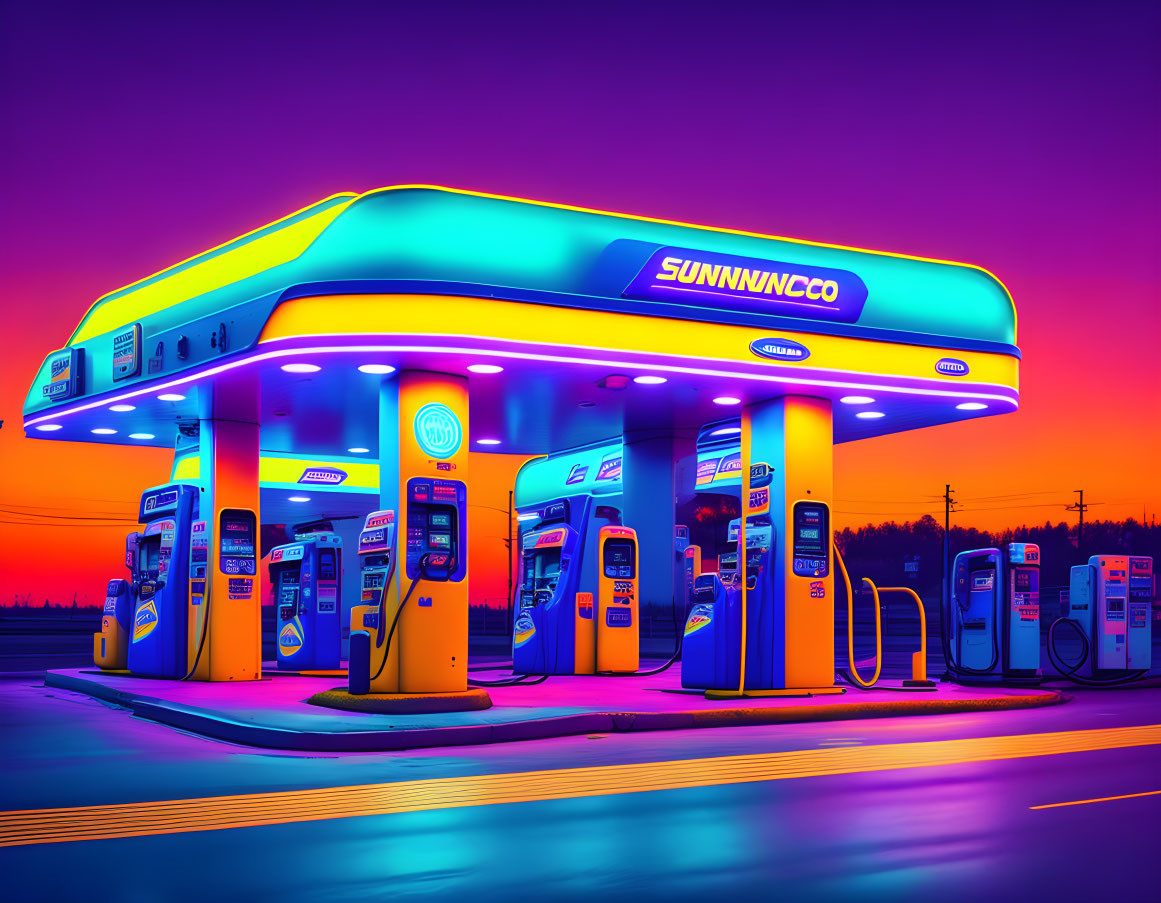 Colorful Dusk Scene: Gas Station with Neon Lights