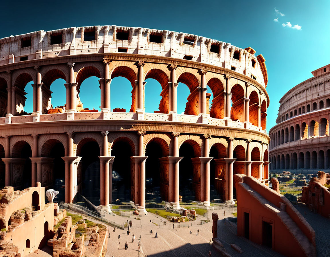 Roman Colosseum with arches under blue sky, shadows on ruins, visitors exploring