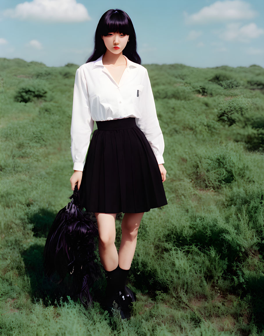 Black-haired person in white blouse and black skirt with feather accessory in green field under cloudy sky