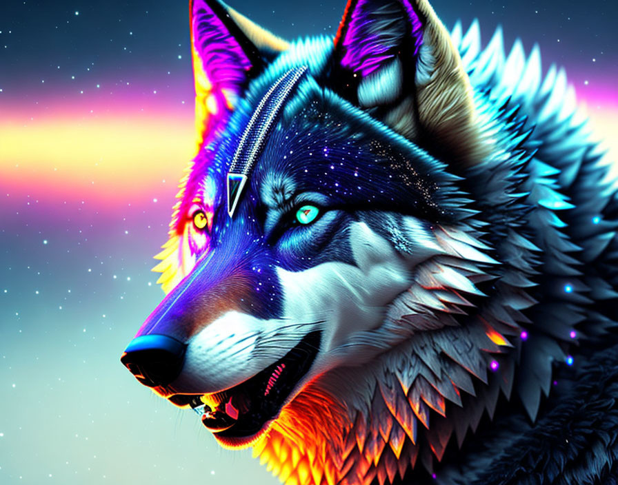 Colorful Wolf Artwork with Cosmic Background