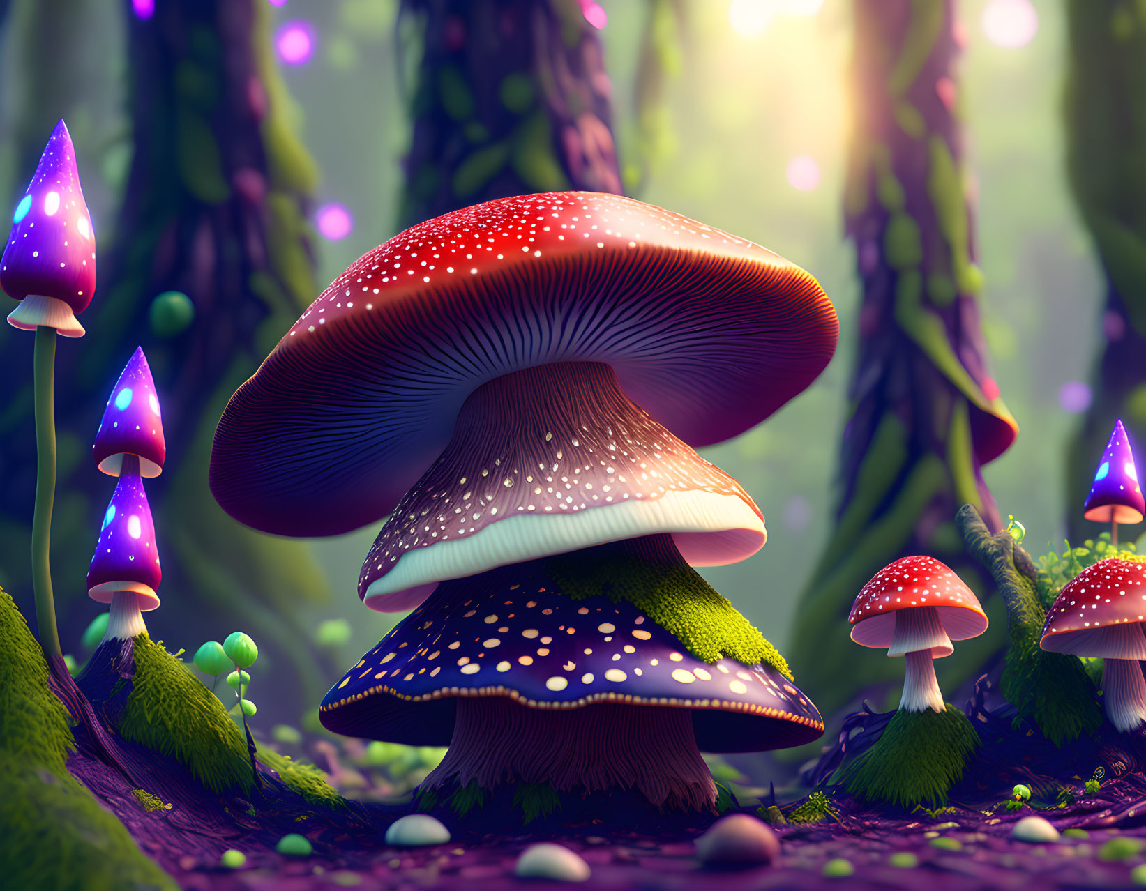 Enchanted forest with oversized glowing mushrooms and lush flora