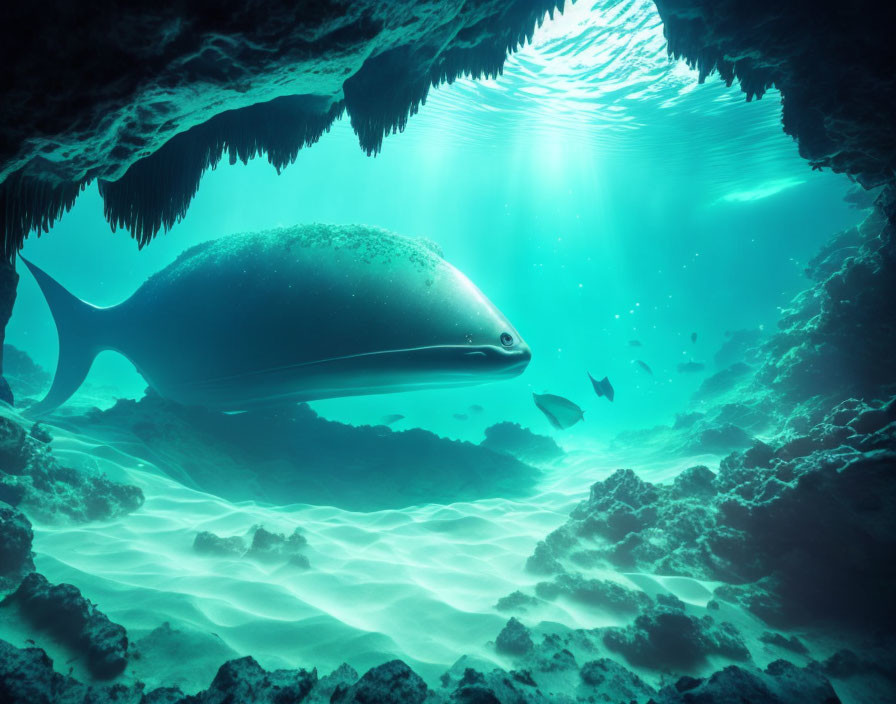 Fish swimming near ocean floor with sunlight highlighting rocks and sand