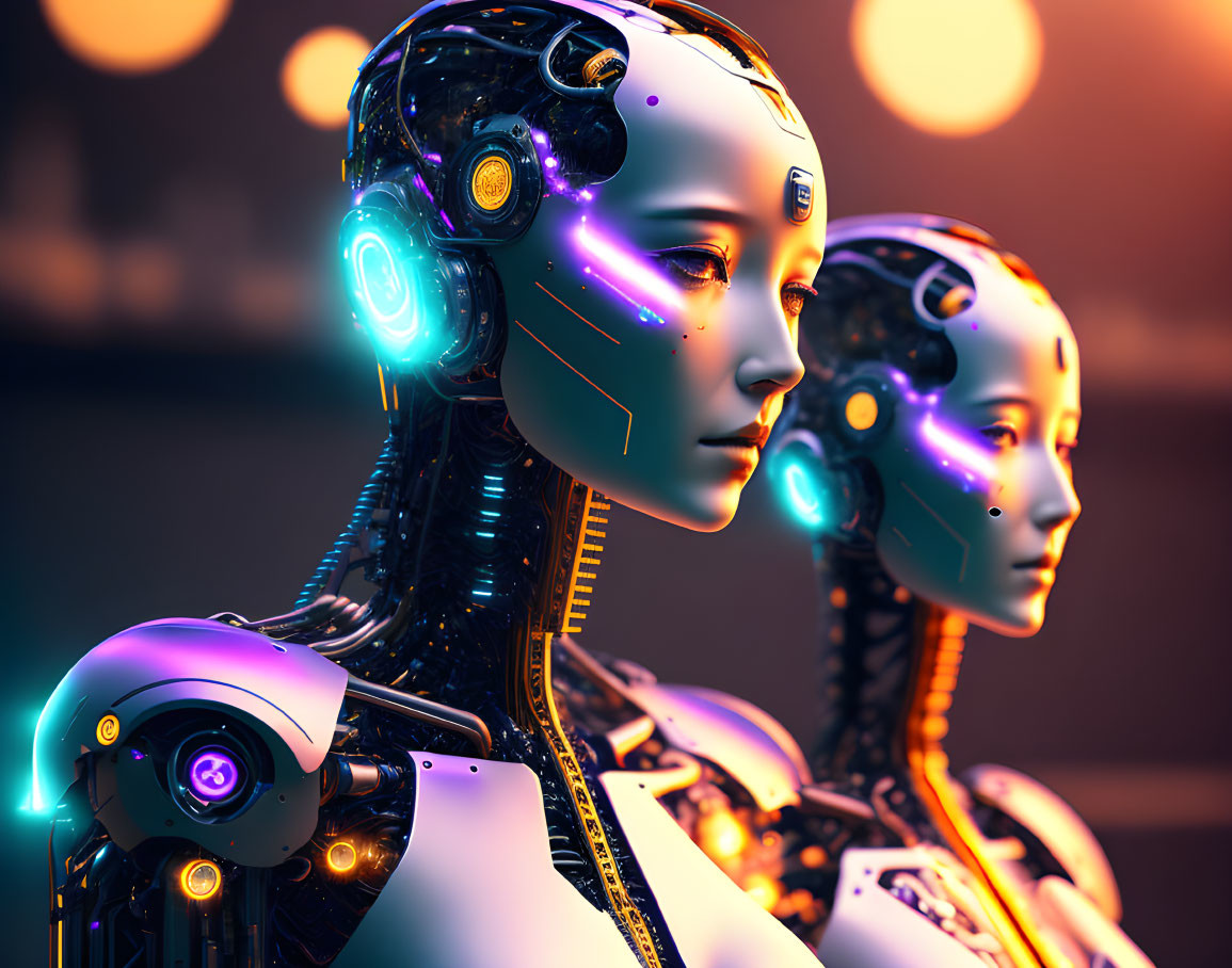 Highly detailed female humanoid robots with glowing circuitry on warm bokeh background