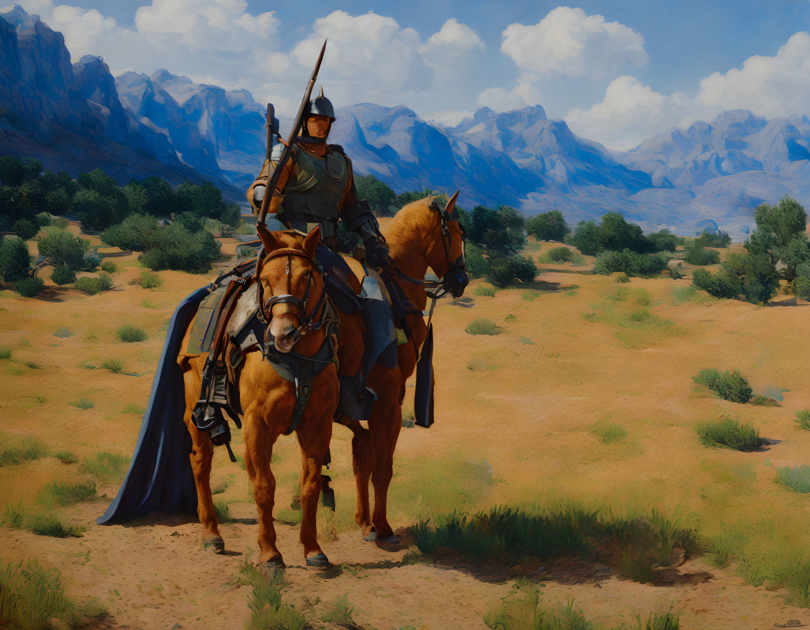 Knight in full armor riding brown horse in desert landscape with mountains under blue sky.