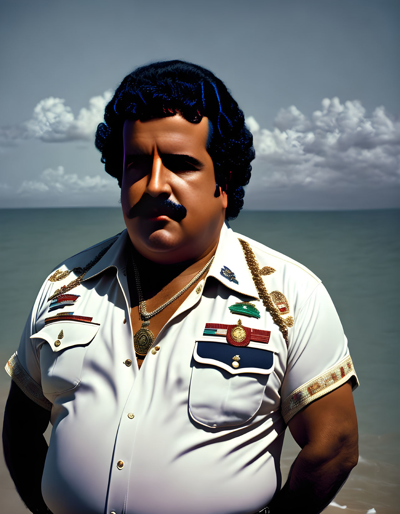 Prominent mustache man in military uniform with medals against serene backdrop