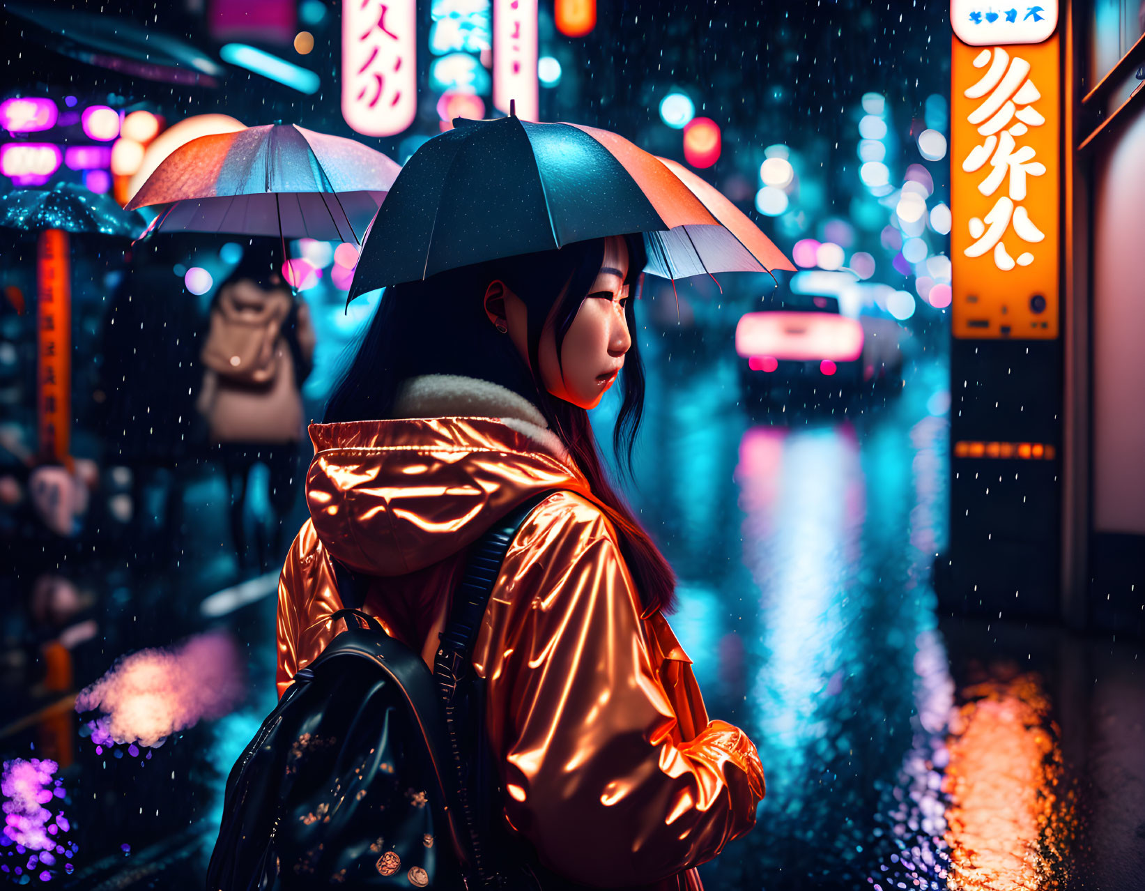 Shiny metallic jacket and umbrella in neon-lit rainy cityscape