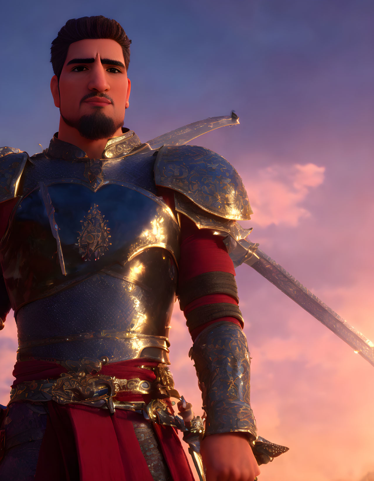 Animated knight in ornate armor at sunset with sword.